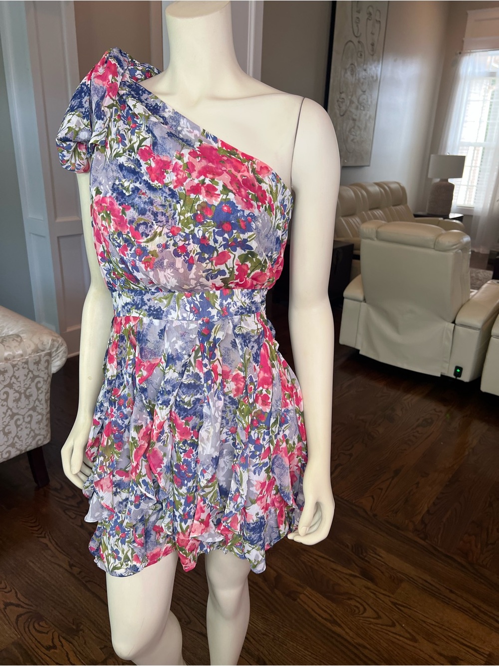 MM Couture One-Shoulder Floral Mini Dress in Pink, Purple, Blue - Picture 3 of 13
